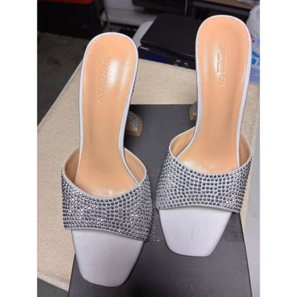 Tony Bianco Serri Silver Satin embellished mules.  Size 7 NIB 💎